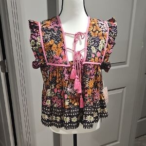 Floral Boho Blouse with Pink Trim